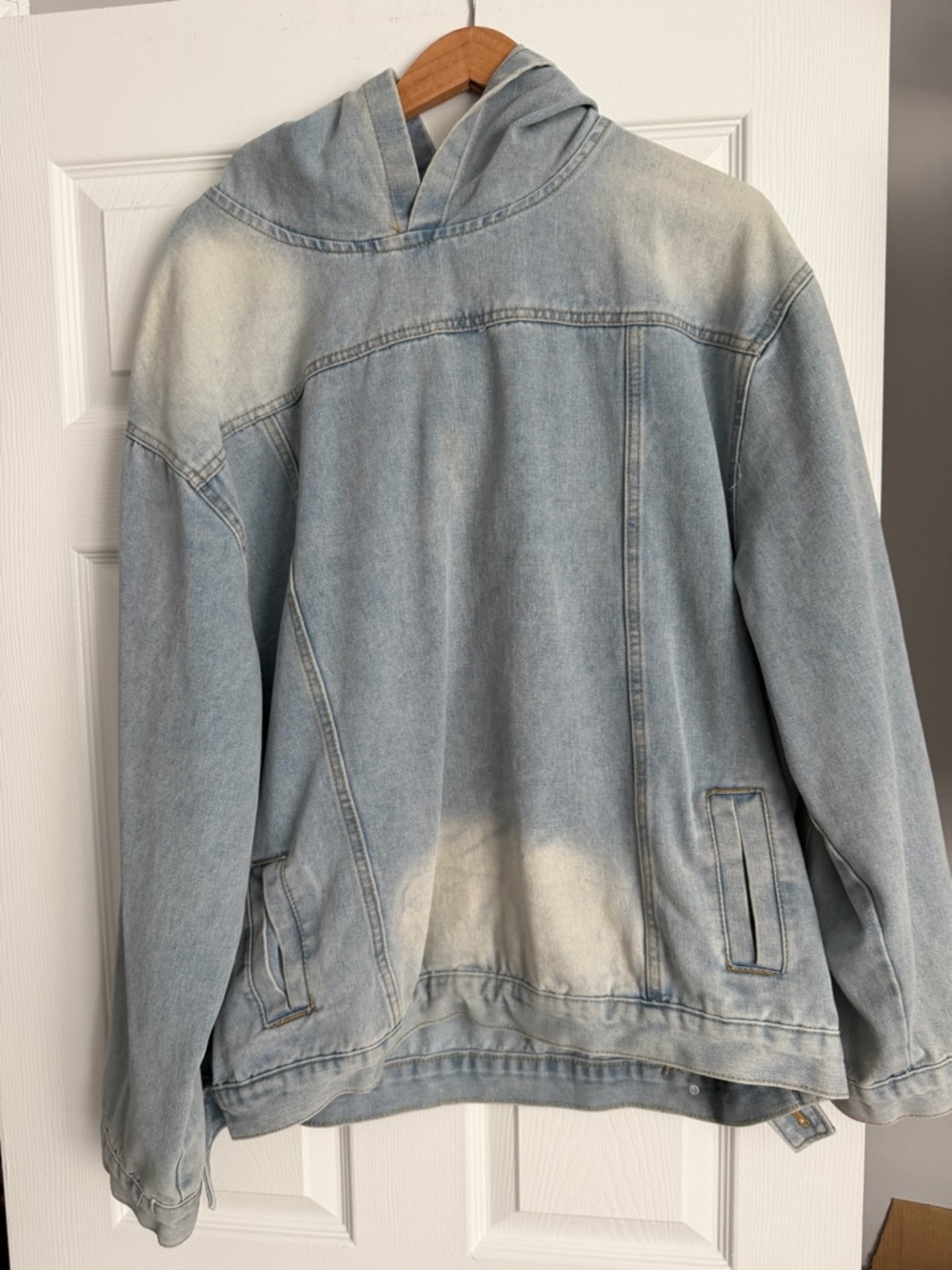 Light Wash Denim Hooded Jacket | Distressed Fade Oversized Streetwear